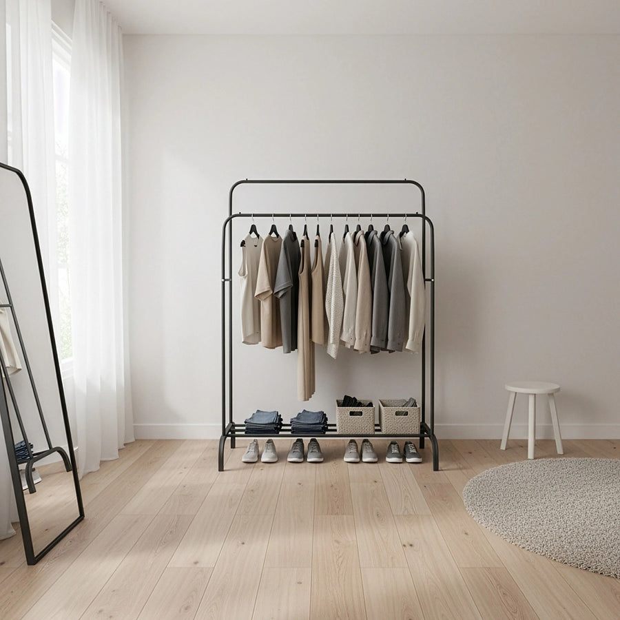 Heavy-Duty Clothing Rack with Double Rail & Storage Shelf