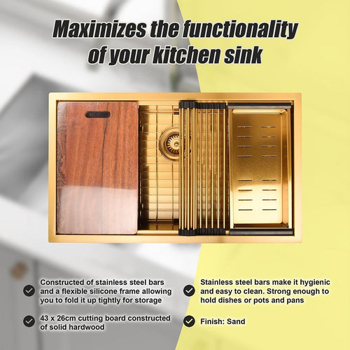 BRIENZ 32-inch Nano Workstation Ledge Undermount 16 Gauge Stainless Steel Kitchen Sink Single Bowl in Gold with sand-finish