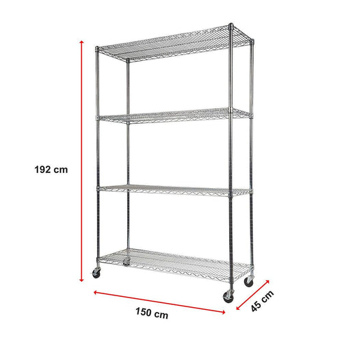 Modular Wire Storage Shelf 1500 x 450 x 1920mm Steel Shelving - Carbon Chrome Plated with Wheels