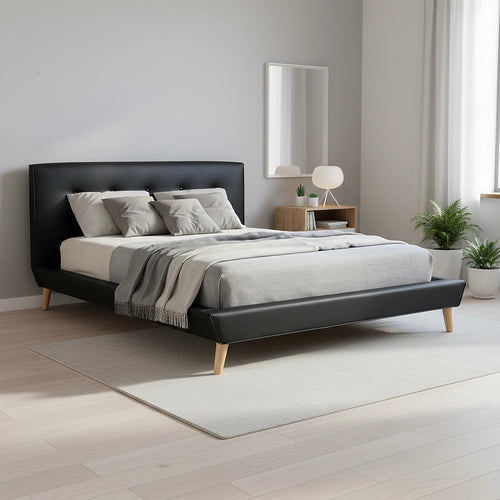 Queen PU Leather Deluxe Bed Frame - Black