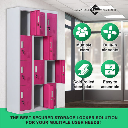 12-Door Locker – Grey with Pink Door with Standard Lock with 2 Keys | Secure Storage for Office, Gym or School Use
