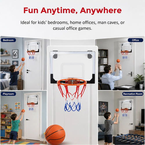 Indoor Mini Basketball Hoop Set – Door-Mounted Backboard Kit with Durable Ring & Mini Ball for Home Play
