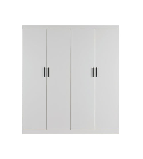 4 Door White Wardrobe Cabinet – Hanging Rail, Shelves & Black Handles