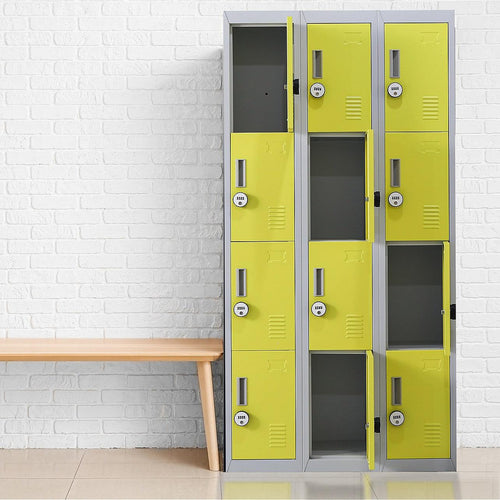 Grey with Yellow Door 12-Door Locker for Office Gym Shed School Home Storage - 4-Digit Combination Lock