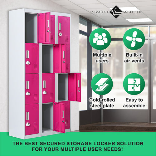12-Door Locker – Grey with Pink Door with 3-Digit Combination Lock | Secure Storage for Office, Gym or School Use