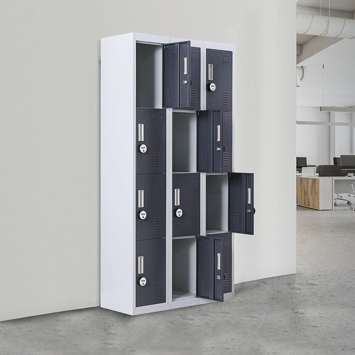12 Door Locker for Office, Gym, School & Home Storage in Grey with Charcoal Door - 4-Digit Combination Lock