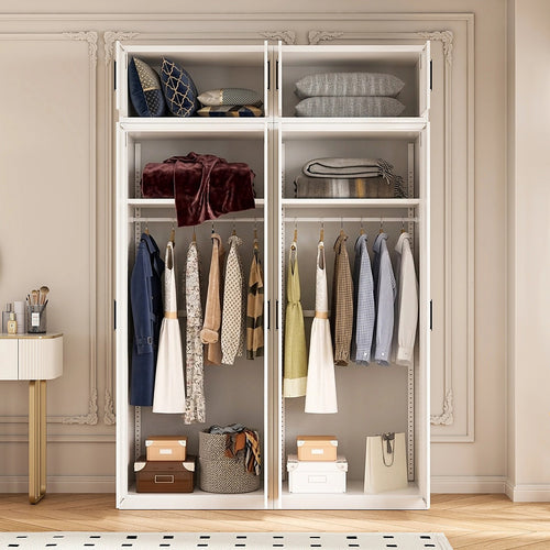 160x240cm 4-Door White Steel Hanging Wardrobe with Black Handle Storage Cabinet