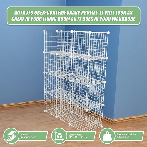 12 Cube Wire Grid Organiser Bookcase Storage Cabinet Wardrobe Closet White