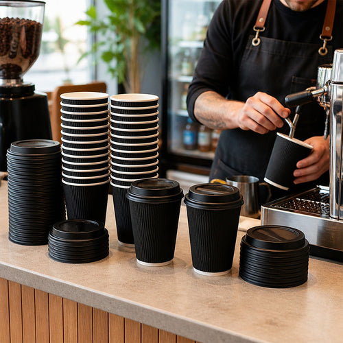 Black Triple Wall Coffee Cups with Matching Lids 500 Piece set 16oz