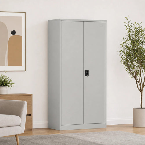 Double-Door Metal Cabinet with 4 Shelves – Office, Garage, or Home Storage in Grey without Legs