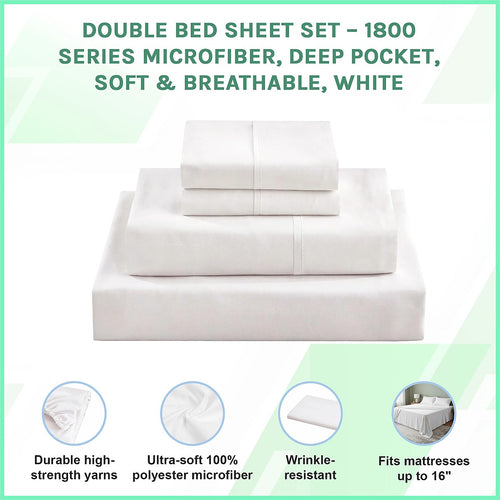 Double Bed Sheet Set – 1800 Series Microfiber, Deep Pocket, Soft & Breathable, White