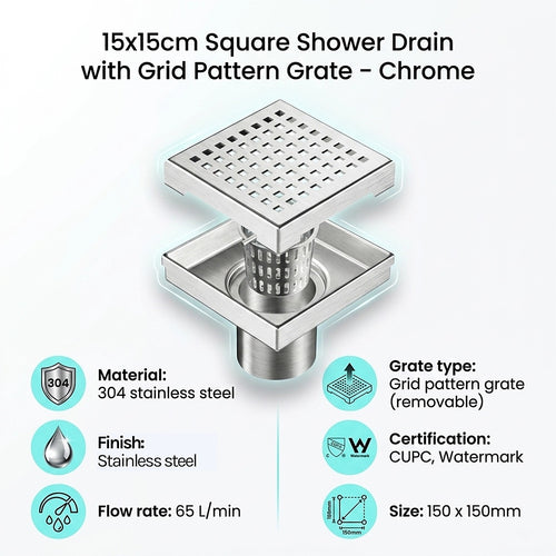 15x15cm Square Shower Drain with Grid Pattern Grate – Stainless steel 304SS