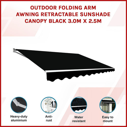 Outdoor Awning Black - 3x2.5m Retractable Sunshade