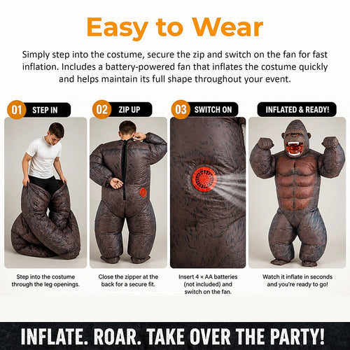 Adult Inflatable Gorilla Costume King Kong Ape Blow Up Halloween Fancy Dress Suit