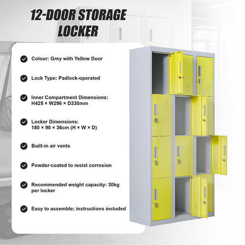 12-Door Steel Locker – Grey with Yellow Door, Padlock-operated