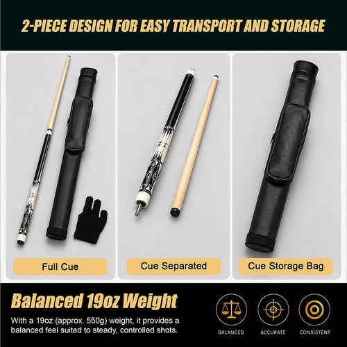 57in 2-Piece Wood Pool Cue Stick 19oz with Carry Bag