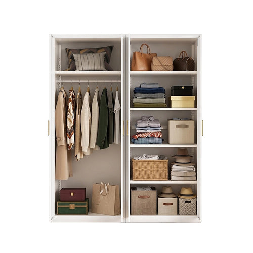 160x200cm 4-Door White Steel Hanging and Shelf Wardrobe with Gold Handle Storage Cabinet