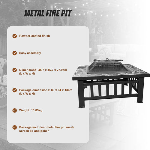 Square Fire Pit – Metal Design with Mesh Screen Lid & Poker