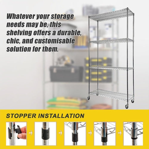 Modular Wire Storage Shelf 900 x 350 x 1800mm Steel Shelving - Carbon Chrome Plated with Wheels