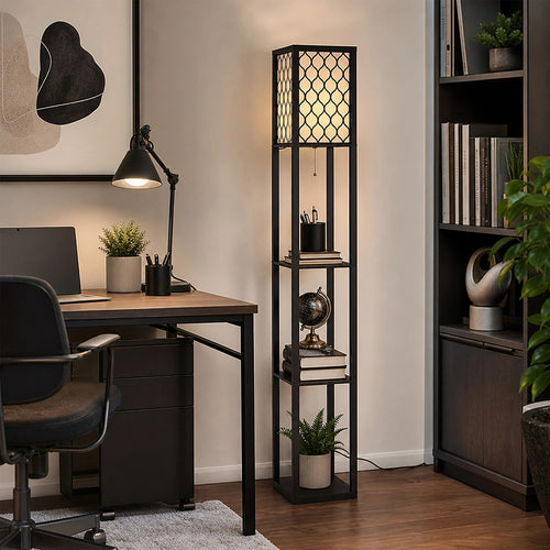 Shelf Floor Lamp with Shade and Open Shelves in Black Wood - Style B