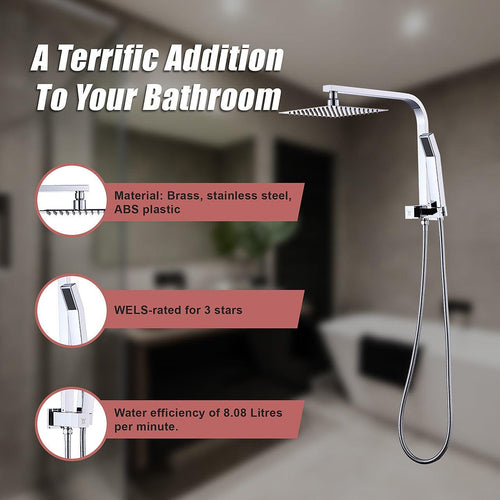 WELS 8" Rain Shower Head Set Square Dual Heads Faucet High Pressure Hand Held