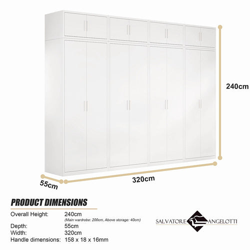 320x240cm 8-Door White Steel Hanging Wardrobe with White Handle Storage Cabinet