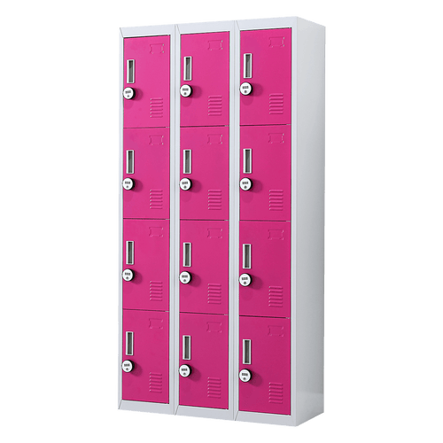 Grey with Pink Door 12-Door Locker for Office Gym Shed School Home Storage - 4-Digit Combination Lock