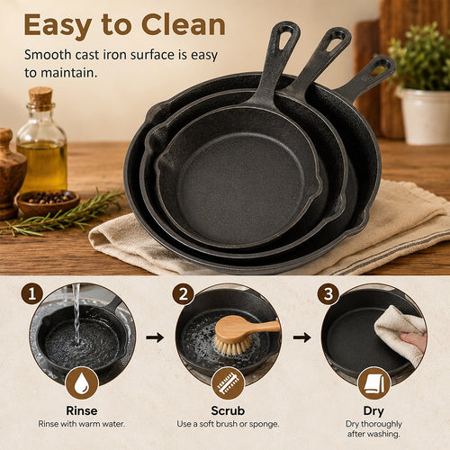 Chef Cast Iron Frying Pan Set – 3-Piece Skillet, Grill & Oven-Safe Cookware for Versatile Home Cooking
