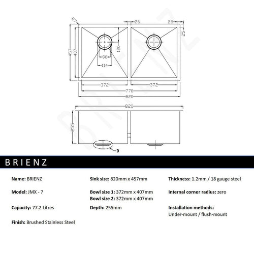 820x457mm Handmade Stainless Steel Sink with Waste and Drain Plug - Undermount/Topmount
