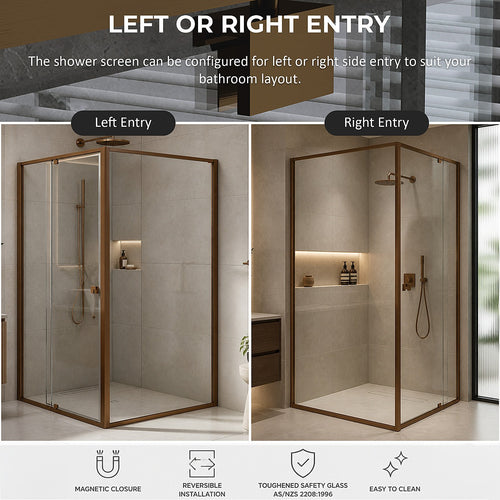 Semi-Frameless Shower Screen – Dust Brown, Front: (74~82)x195cm, Side: (98~101)x195cm
