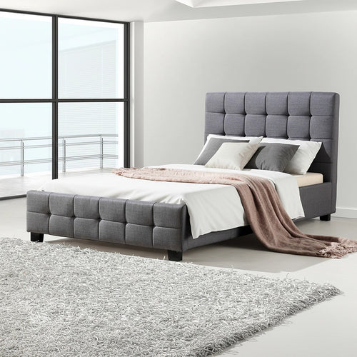 King Single Deluxe Grey Linen Fabric Upholstered Bed Frame with Headboard & Slats