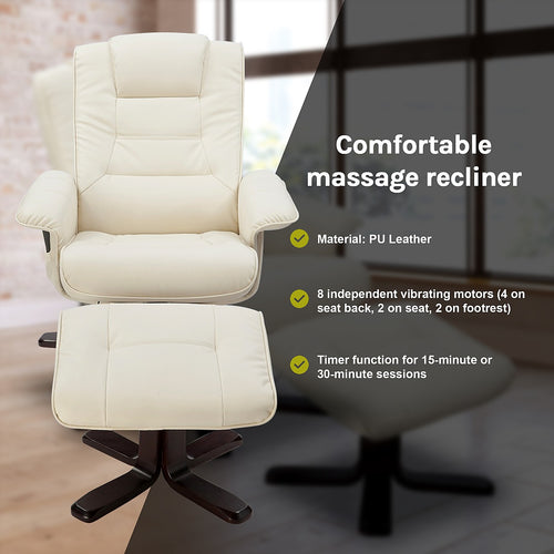 Massage Chair Recliner with Ottoman & Remote – Cream PU Leather Lounge for Home Relaxation
