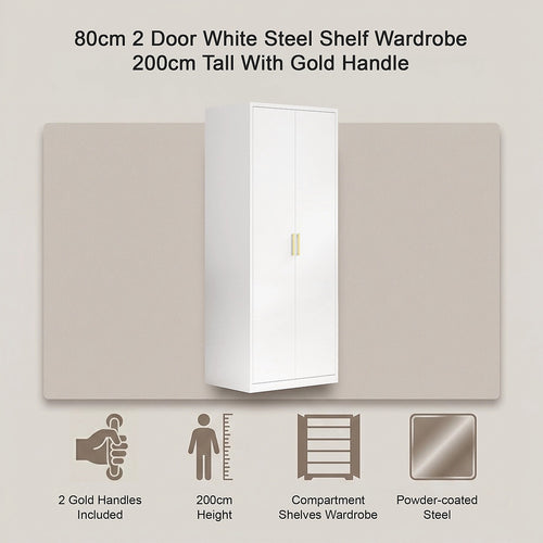 80x200cm 2-Door White Steel Shelf Wardrobe with Gold Handle Storage Cabinet
