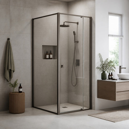Semi-Frameless Shower Screen – Gunmetal, Front: (74~82)x195cm, Side: (89~92)x195cm