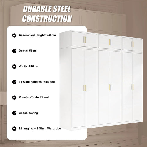 240x240cm 6-Door White Steel 2 Hanging and 1 Shelf Wardrobe with Gold Handle Storage Cabinet