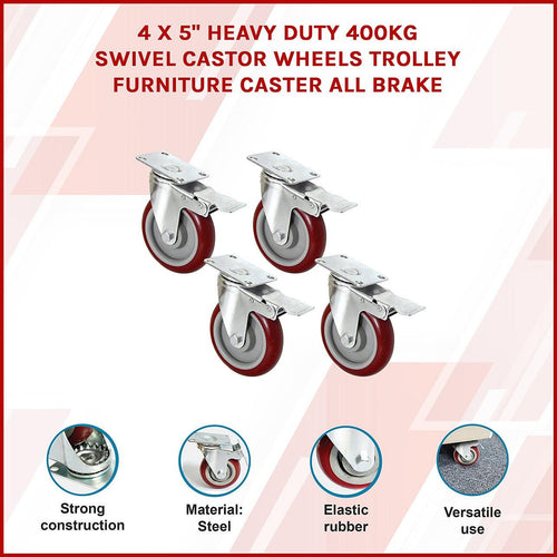 4 X 5" Heavy Duty 400kg Swivel Castor Wheels Trolley Furniture Caster All Brake