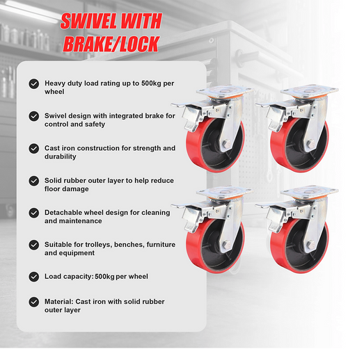 4 Pack 6 Inch Castor Wheels Heavy Duty 500kg Swivel with Brake
