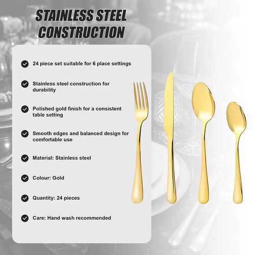 24 Piece Gold Cutlery Set Stainless Steel Dinnerware