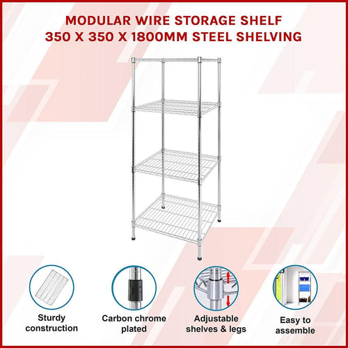 Modular Wire Storage Shelf 350 x 350 x 1800mm Steel Shelving - Carbon Chrome Plated