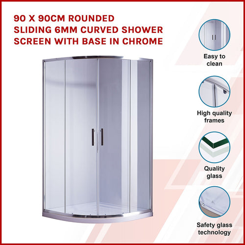 Curved Sliding Shower Screen 90x90cm – Chrome with White Base, 580mm Radius