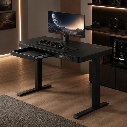 Electric Standing Desk 120x60cm Black Glass with Drawer & Wireless Charger