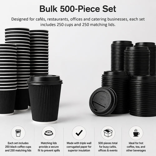 Black Triple Wall Coffee Cups with Matching Lids 500 Piece set 8oz
