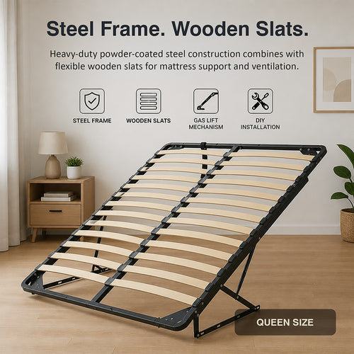 Gas Lift Bed Mechanism – Queen Bed Frame with Wooden Slats