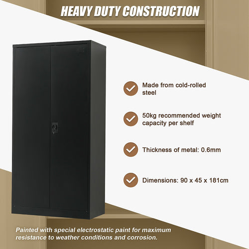 Double-Door Metal Cabinet with 4 Shelves – Office, Garage, or Home Storage in Black without Legs