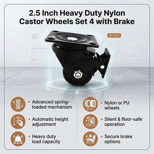 2.5 Inch Heavy Duty Nylon Castor Wheels Set of 4 with Brake