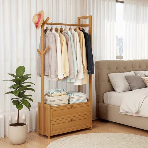 165x70cm Clothes Rack Stand with Storage Shelves – Modern Coat Tree in Wood
