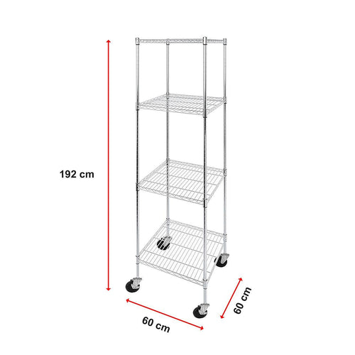 Modular Wire Storage Shelf 600 x 600 x 1800mm Steel Shelving - Carbon Chrome Plated with Wheels
