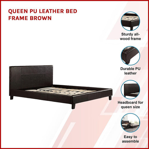 Queen Bed Frame Brown PU Leather