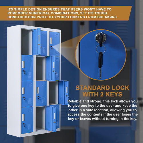 12-Door Locker – Grey with Blue Door with Standard Lock with 2 Keys | Secure Storage for Office, Gym or School Use