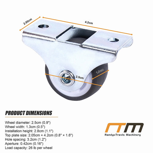 Mini Fixed Caster Wheels Rubber Low Profile Set of 4